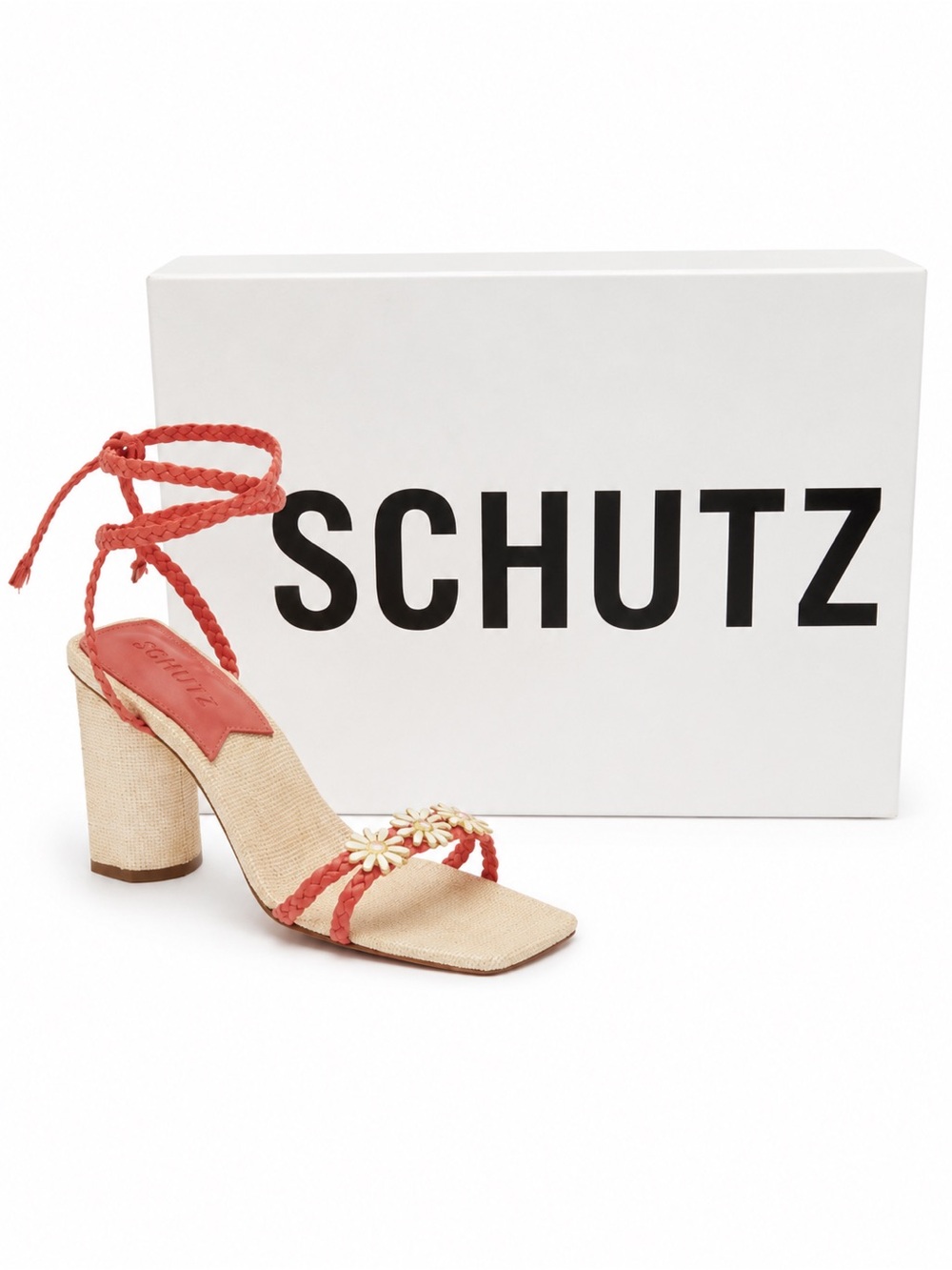 SCHUTZ Coral Braided Daisy Block Heel Sandal Ankle tie NIB